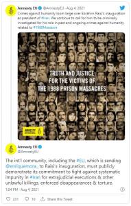 5th August, 2021 - His presidency, as underlined by the Amnesty Secretary-General, Agnes Callamard, on June 19, “is a grim reminder that impunity reigns supreme in Iran.” By participating in Raisi’s inauguration or pursuing negotiations with him, the Euro