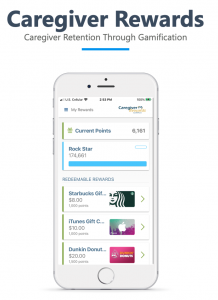 iPhone with SMARTcare Software's Caregiver Rewards gamification App main screen