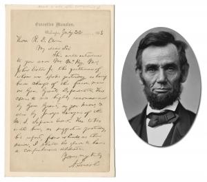 One-page autograph letter signed by Abraham Lincoln and dated just weeks after the Battle of Gettysburg, on July 22, 1863 (est. $50,000-$60,000).