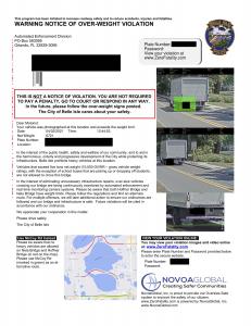 Warning notice of violation with two images of truck and close up of license plate