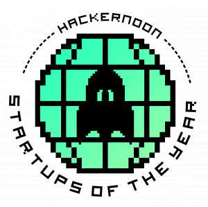 Pixelated black rocket on green background. Words "Hackernoon startups of the year" around it.