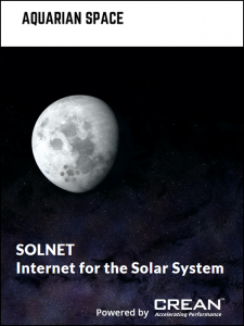 Photography of the moon with the phrase "SOLNET: Internet for the Solar System" beneath it.