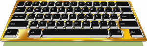 The image is of a golden computer keyboard with black keys with white letterin