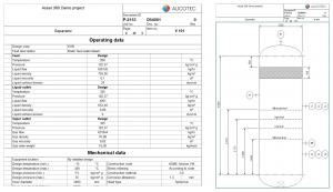 Screenshot combining 2 sections of a datasheet which shows technical data and the shape of a chemical seperator