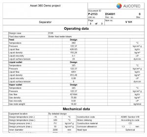 Screenshot of an Asset 360 sheet section with technical details of a chemical seperator