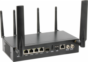 Image shows the rear of the FWS-2280, so viewer can see the connectors which include four LAN ports, one SFP port, one HDMI, two USB, one RJ-45 console port, and the dual redundant power supply connectors. The system also has six antennas attached; four W