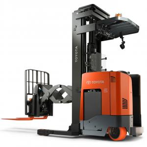This is a picture of a reach truck that is used in warehouse that are to small for a forklift