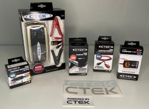 CTEK's Battery Care Kit 2 includes the MULTI US 7002 (7 amp) charger, a bumper, COMFORT CONNECT extension cable, COMFORT INDICATOR cig plug, and COMFORT INDICATOR panel as well a CTEK static window cling and vinyl decals.