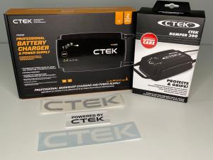 CTEK’s Battery Care Kit 3 includes the professional-level PRO25S 25A battery charger and power supply and a protective bumper as well as a CTEK static window cling and vinyl decals.