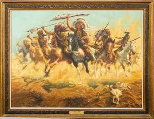 Beautifully painted image of Sitting Bull’s Charge (1972) by William Douglas Rosa, with a cow skull in the foreground,($4,375).