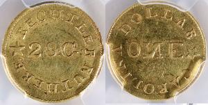 U.S. one-dollar gold coin, produced by Christoph Bechtler at his home in North Carlina around 1838 ($7,500).