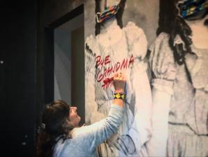 Photo of founder Kathy Harvey bidding the old Harvey a fond farewell.