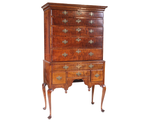 Queen Anne figured maple high chest of drawers, circa 1750-1770.