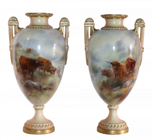 Pair of Royal Worcester porcelain vases, signed John Stinton.
