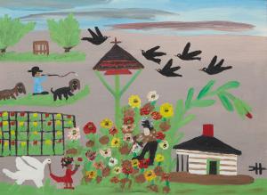Circa 1965 oil on canvas board by the Louisiana folk artist Clementine Hunter (1886-1988), titled Uncle Tom in the Garden with Little Eva (estimate: $4,000-$8,000).