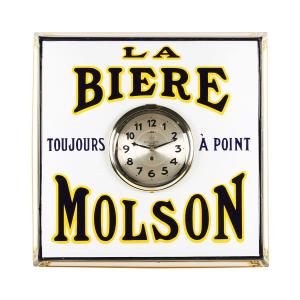Molson’s Beer clock, made for the French-Canadian market in the 1930s, porcelain with a dial marked “Made in Germany” (estimate: CA$4,000-$6,000).