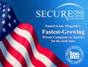 This image features the American flag and Secure One Capital's announcement that they have been named to the Inc 5000 for the sixth time in seven years.