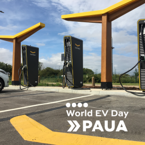 Image showing Fastned charging station in Kent with Paua logo and World EV day logo