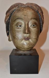 Rare 13th or 14th century Chinese carved, lacquered and painted mud head, 11 ½ inches tall.