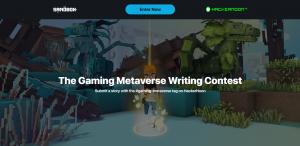 A Sandbox character visual with the overlay text saying "the gaming metaverse writing contest. Submit a story with the #gaming-metaverse tag on HackerNoon.