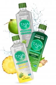 Image of TAJA Original and Pineapple-Infused Coconut Waters and Cold Brew Green Tea with Ginger with Water Splash in Background