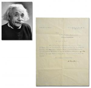One-page letter typed in German and signed by Albert Einstein in 1921, regarding his theory of relativity (estimate: $18,000-$20,000).