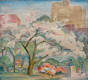 Color woodcut with embossing on paper by Katharine Hood McCormick (American, 1882-1960), titled Rittenhouse Square, Spring, signed (estimate: $1,000-$2,000).
