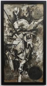 Dynamic oil on canvas Cubist painting by Maqbool Fida Husain (India, 1915-2011), a monotone composition (estimate: $40,000-$60,000).