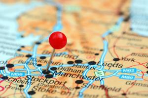 Manchester pinned on a map of the British Isles