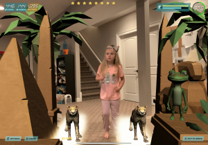 After hip surgery, a child strengthens her muscles by running with virtual cheetahs.