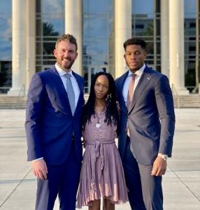 Brittany Chrishawn Williams with her attorneys Jeff Chukwuma and Landon Ray (CHR Law Group) outside of the Duval County Courthouse concluding her trial after Brittany was found not guilty