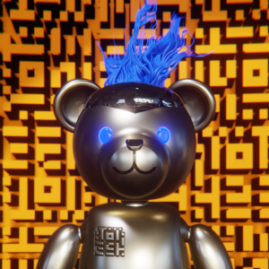 Teddy bear made of polished metal with a wild blue hair and shiny blue eyes - Minted Teddy.