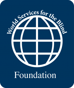 Blue Foundation Logo, White Globe, World Services for the BLind Foundation