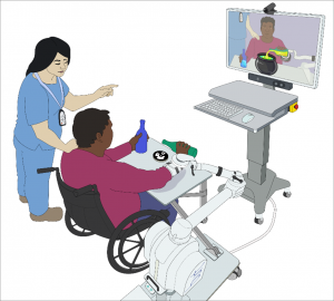 Image of a stoke survivor in the Burt® robotic platform with the AirCradle™, which allows handling of real objects on a table. In this image, the patient is pouring liquid out of a bottle and into a virtual container. By leveraging AI and augmented realit