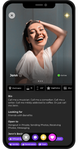 A phone screen shows a dating app profile photo of a smiling woman with light skin and brown hair, accompanied by text stating she's looking for "friends with benefits".