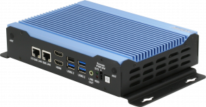 Image shows the front of the BOXER-6643-TGU at a slight angle, showing the main connection ports, including 2.5 Gbps LAN, 1.0 Gbps LAN, two HDMI ports, three USB 3.2 ports and one USB 2.0 port.