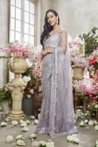Lashkaraa Dusty Purple Embroidered Net Saree Indian Wedding Wear