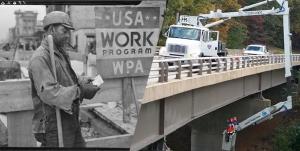 1939 photo of Works Projects Administration worker, and 2021 photo of Federal Highway Administration workers