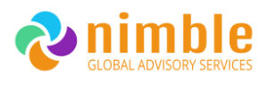 Nimble Global Logo in orange lettering and a multi-coloured (purple, orange, green, and blue swirls).