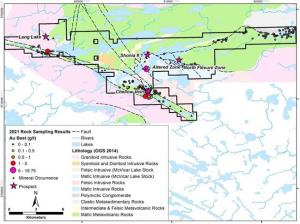 Map 1: 2021 sampling overview, McVicar Gold Project, NW Ontario, Canada