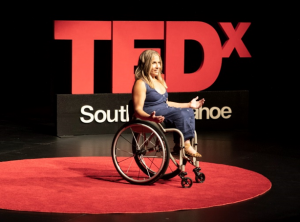 Alycia Anderson speaking on TEDx South Lake Tahoe stage
