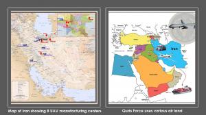 October 6, 2021 - Map of Iran showing 8 UAV manufacturing centers, and Quds Force uses various air land.