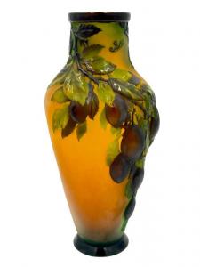 Galle cameo glass blown out vase with a Plums design, 15 ½ inches tall, of baluster form, fire polished ($9,840).