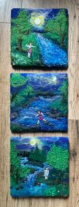 Three pieces of embroidered and beaded felt each depicting a girl by a river under moonlight.