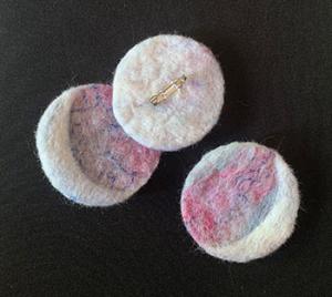 3 circular brooches with crescent moon overlay handmade in felt
