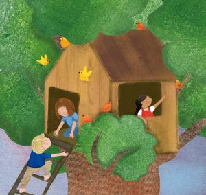 drawing of small children in a tree house