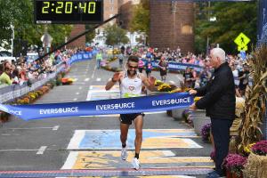 2021 Eversource Hartford Marathon winner Alex Norstrom of Coventry, CT, crossing the finish line