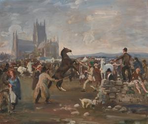 Oil on canvas painting by Sir Alfred James Munnings, P.R.A., R.W.S. (British, 1878-1959), titled The Kilkenny Horse Fair ($500,000).