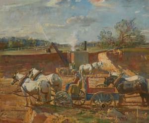 Oil on canvas painting by Sir Alfred James Munnings, P.R.A., R.W.S. (British, 1878-1959), titled Making a Polo Ground at Princemere, ($162,500).