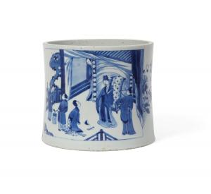 Chinese porcelain brush pot, Transitional / Kangxi period, 7 inches tall ($40,000).